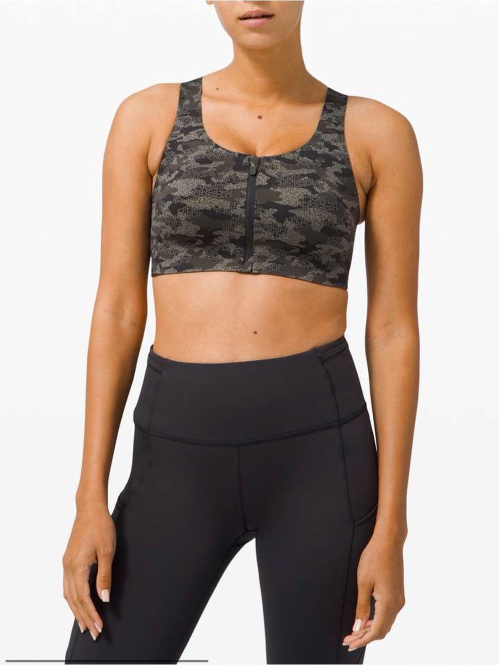 Lululemon Enlite Bra Zip Front Women’s 36DD Grey Camo High Support Sports Bra